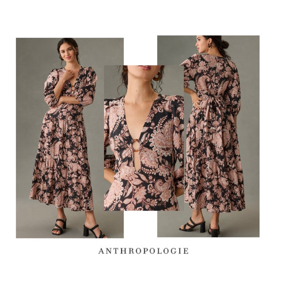 NEW Anthropologie |KIVARI Boho Floral-Paisley VNeck Puff-Sleeve Linen Maxi Dress